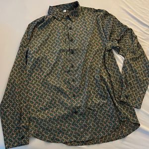 Satin button up shirt. Green and brown designs. SHEIN size M